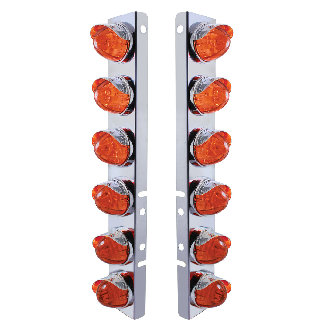 Stainless Steel Front Air Cleaner Bracket With 12X LED Watermelon Lights &amp; Stainless Steel Visors For Peterbilt - Amber LED/Dark Amber Lens