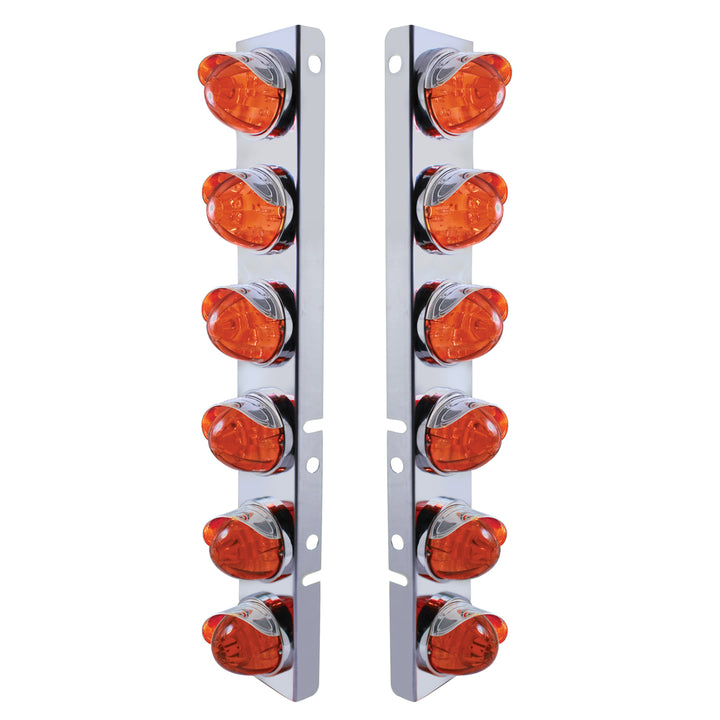 Stainless Steel Front Air Cleaner Bracket With 12X LED Watermelon Lights &amp; Stainless Steel Visors For Peterbilt - Amber LED/Dark Amber Lens