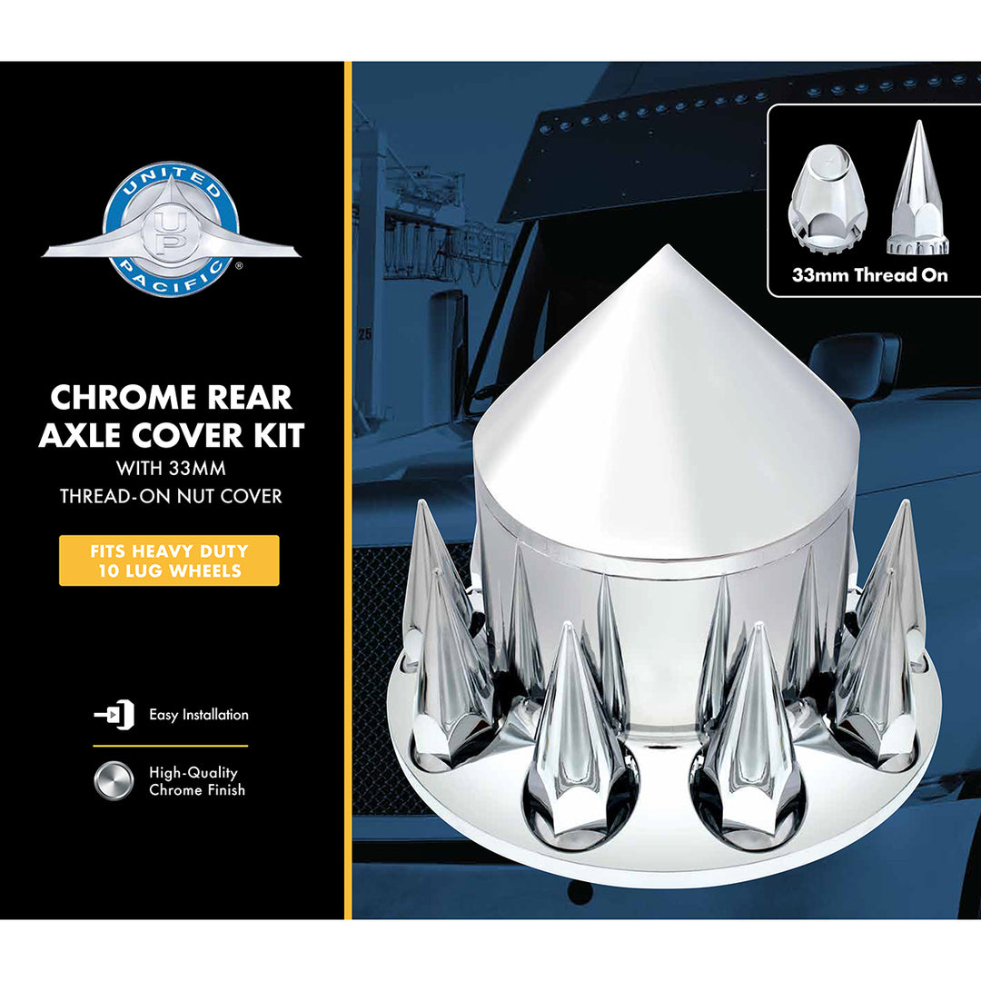 Spike Rear Axle Cover With 33mm Spike Thread-On Lug Nut Covers – Chrome | Semi Truck