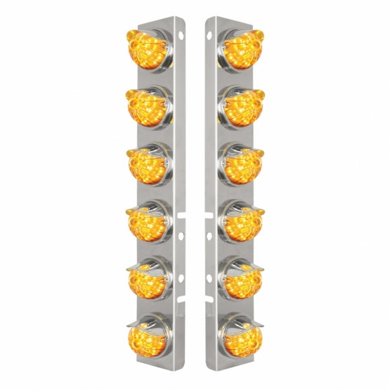 Stainless Steel Front Air Cleaner Bracket W/12 x 17 Amber LED Watermelon Lights &amp; Stainless Steel Visors For Peterbilt - Amber Lens