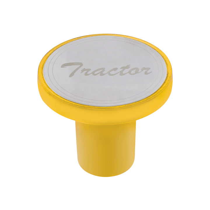 Aluminum Screw-On Air Valve Knob With Stainless Tractor Plaque - Electric Yellow