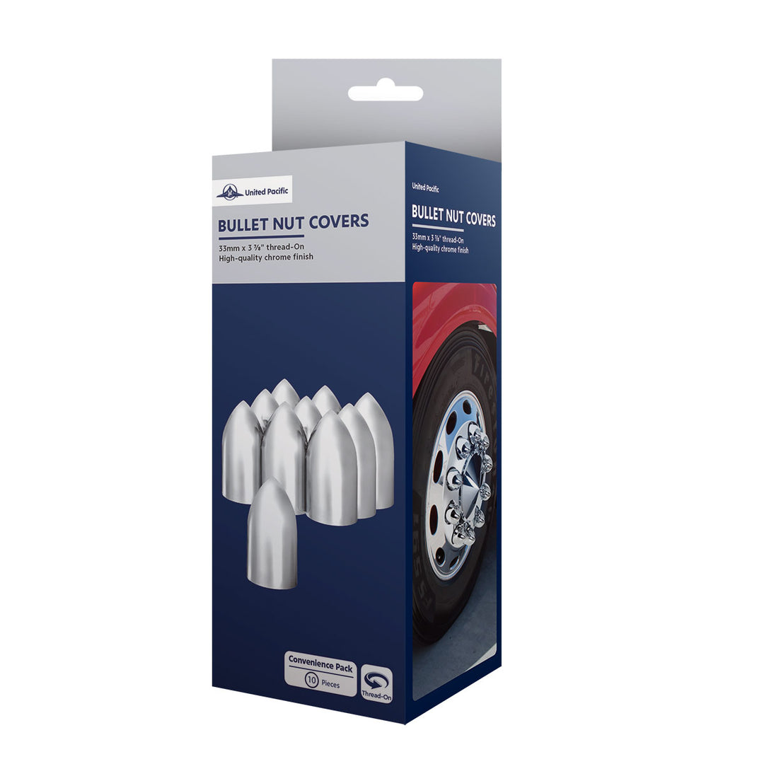 33mm x 3-7/8" Chrome Plastic Bullet Nut Covers - Thread-On (10-Pack)