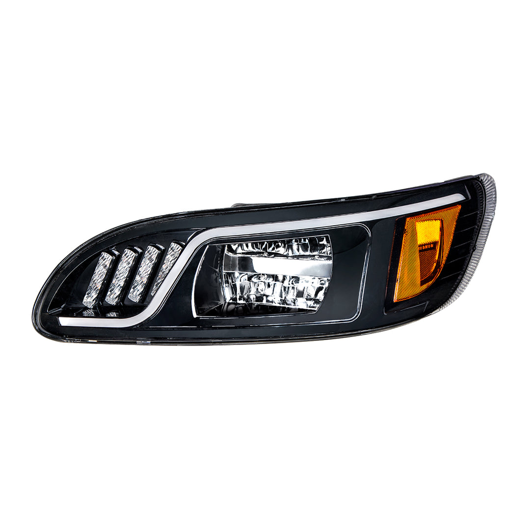 Black LED Headlight With LED Turn, Position, &amp; DRL For Peterbilt 386 (2005-2015) &amp; 387 (1999-2010) - Driver