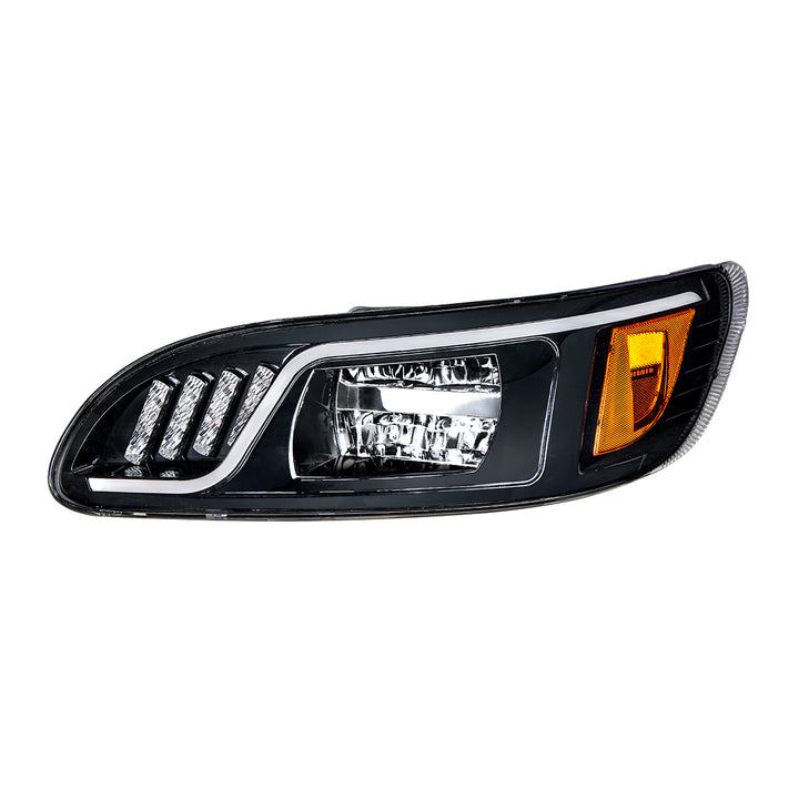 Black LED Headlight With LED Turn, Position, &amp; DRL For Peterbilt 386 (2005-2015) &amp; 387 (1999-2010) - Driver