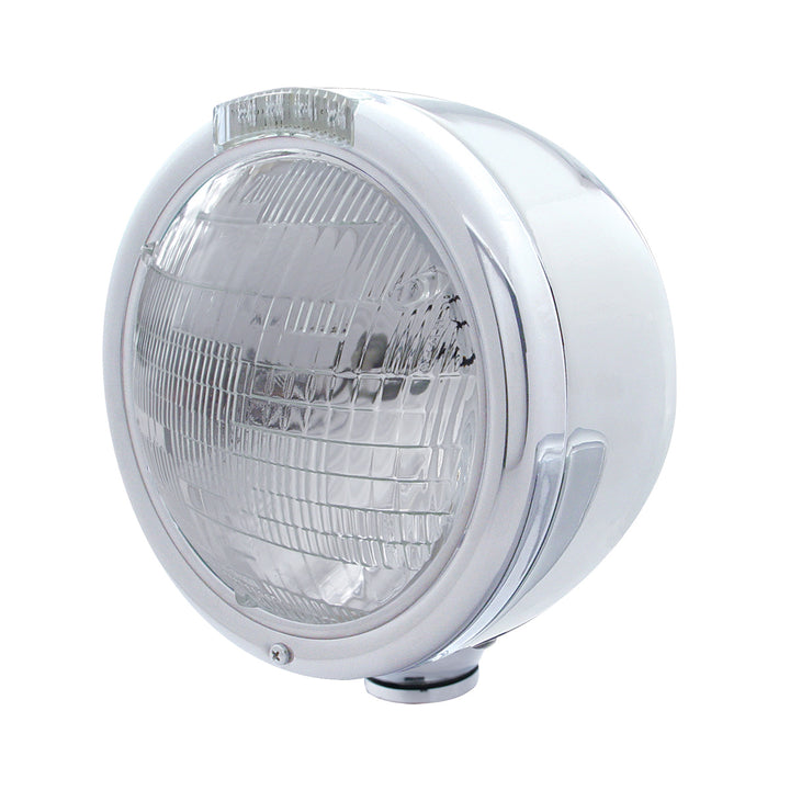 Stainless Steel Classic Half Moon Headlight 6014 Bulb &amp; LED Turn Signal - Clear Lens
