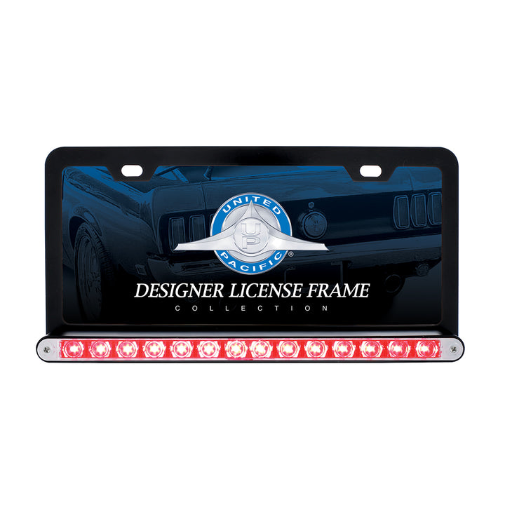 Black License Plate Frame With 14 LED 12" Light Bar - Red LED/Clear Lens
