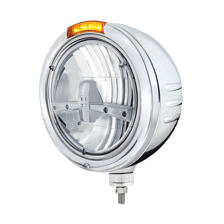 Stainless Steel Bullet Embossed Stripe Headlight 5 LED Bulb &amp; Dual Mode LED Signal - Amber Lens
