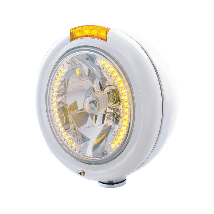 Stainless Steel Classic Headlight H4 With 34 Amber LED &amp; Signal - Amber Lens