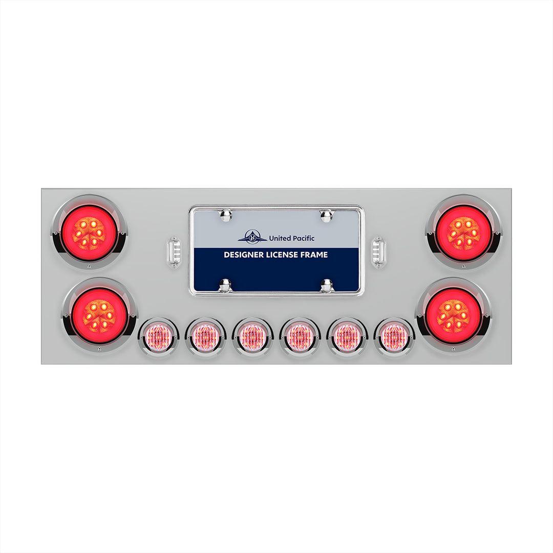 Stainless Steel Rear Center Panel With 4 x 21 LED 4" GloLight &amp; 6 x 9 LED 2" Lights &amp; Visors - Red LED/Clear Lens