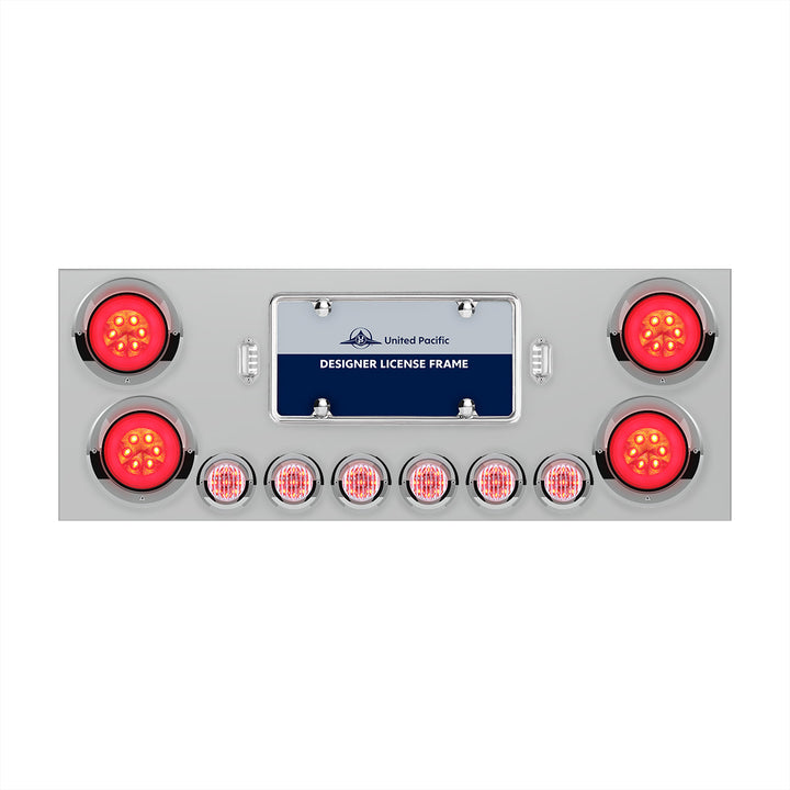 Stainless Steel Rear Center Panel With 4 x 21 LED 4" GloLight &amp; 6 x 9 LED 2" Lights &amp; Visors - Red LED/Clear Lens