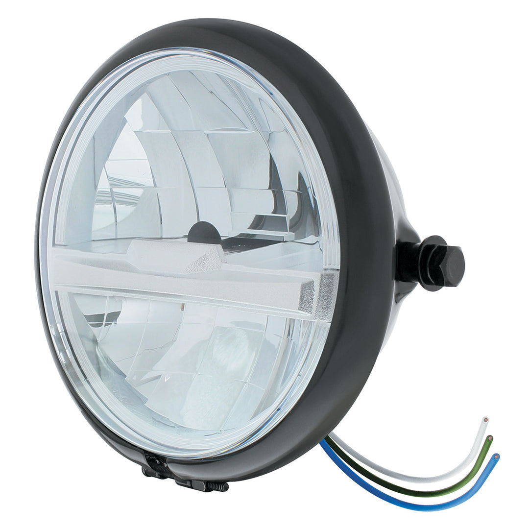 Black 5-3/4" Motorcycle Headlight 8 LED Bulb With Silver Bar - Side Mount