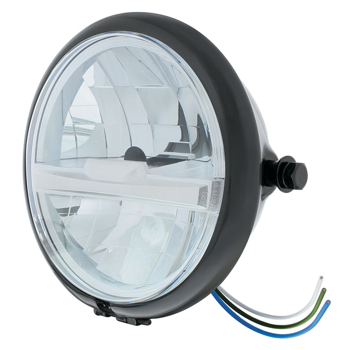 Black 5-3/4" Motorcycle Headlight 8 LED Bulb With Silver Bar - Side Mount