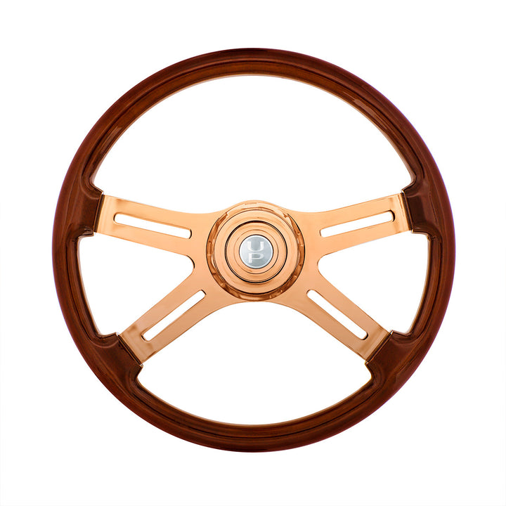 18" Rose Gold 4 Spoke Steering Wheel With Horn Button &amp; Bezel - Wood Grain