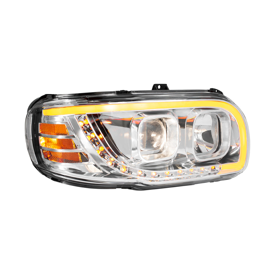 Chrome Projection Headlight With LED Turn Signal &amp; Light Bar For 2008-2024 Peterbilt 389 - Passenger