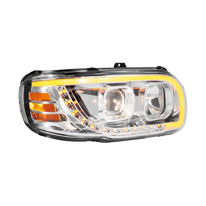 Chrome Projection Headlight With LED Turn Signal &amp; Light Bar For 2008-2024 Peterbilt 389 - Passenger