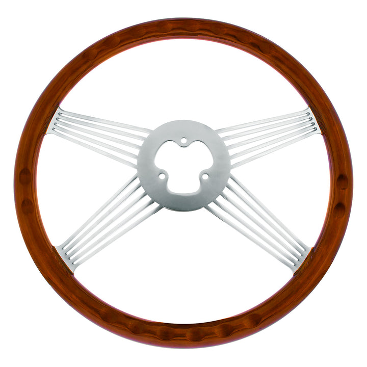 18" Chrome 4 Spoke With Wire Cutout Steering Wheel With Horn Bezel &amp; Button - Wood Grain