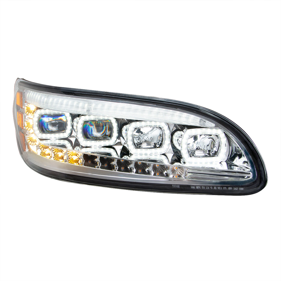Chrome Quad - LED Headlight With LED DRL &amp; Seq. Signal For 2005-2015 Peterbilt 386 - Passenger