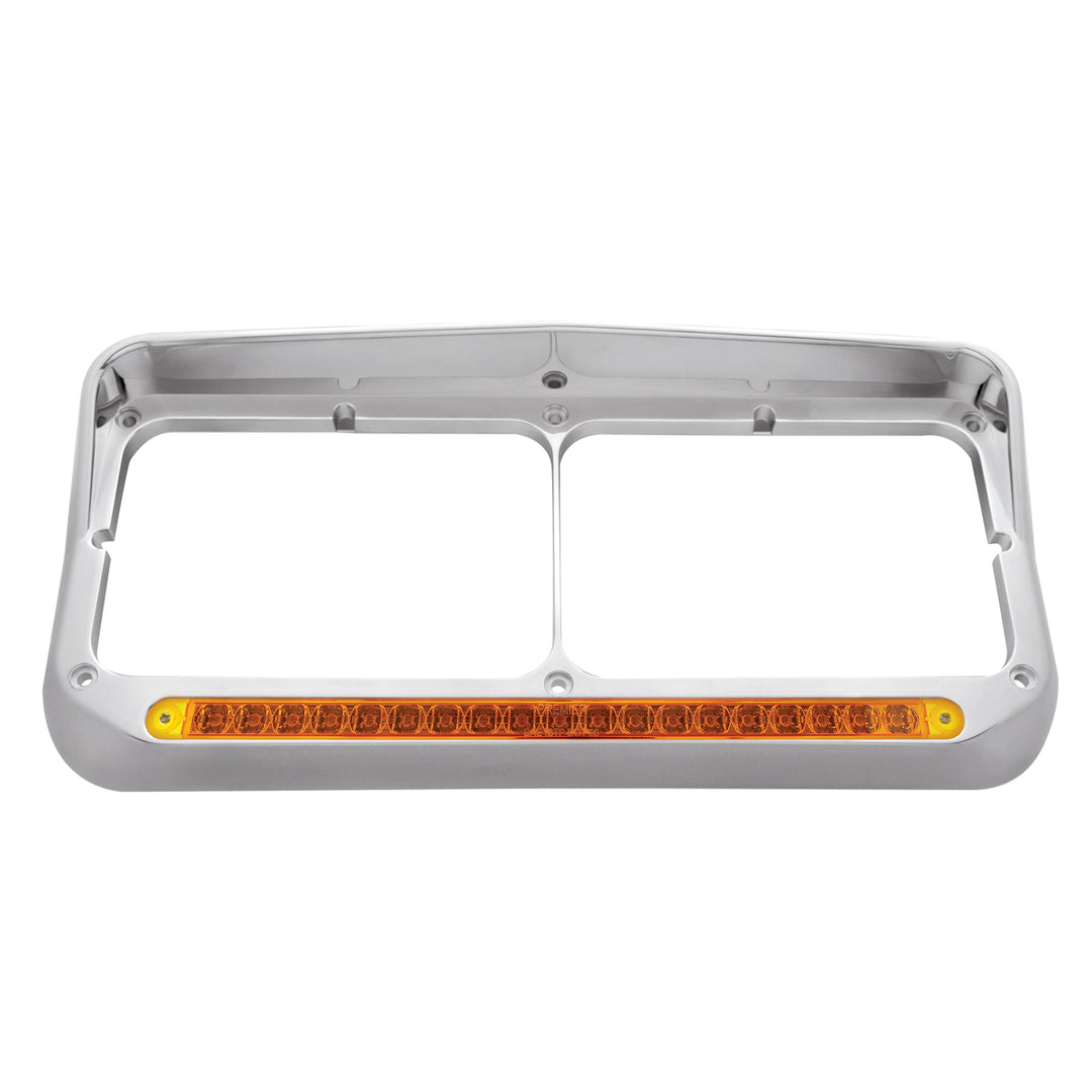 Chrome Rectangular Dual Headlight Bezel With Visor &amp; 19 LED Light Bar - Amber LED/Amber Lens