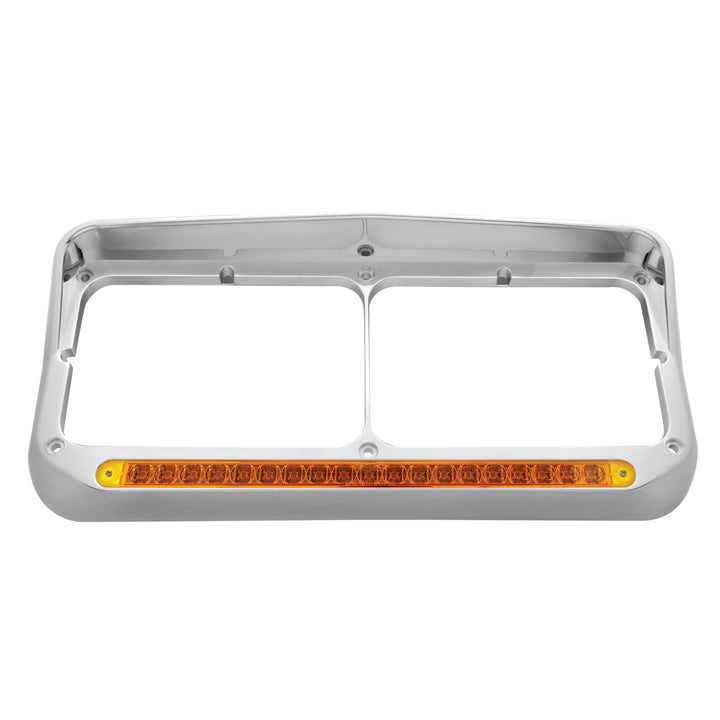 Chrome Rectangular Dual Headlight Bezel With Visor &amp; 19 LED Light Bar - Amber LED/Amber Lens
