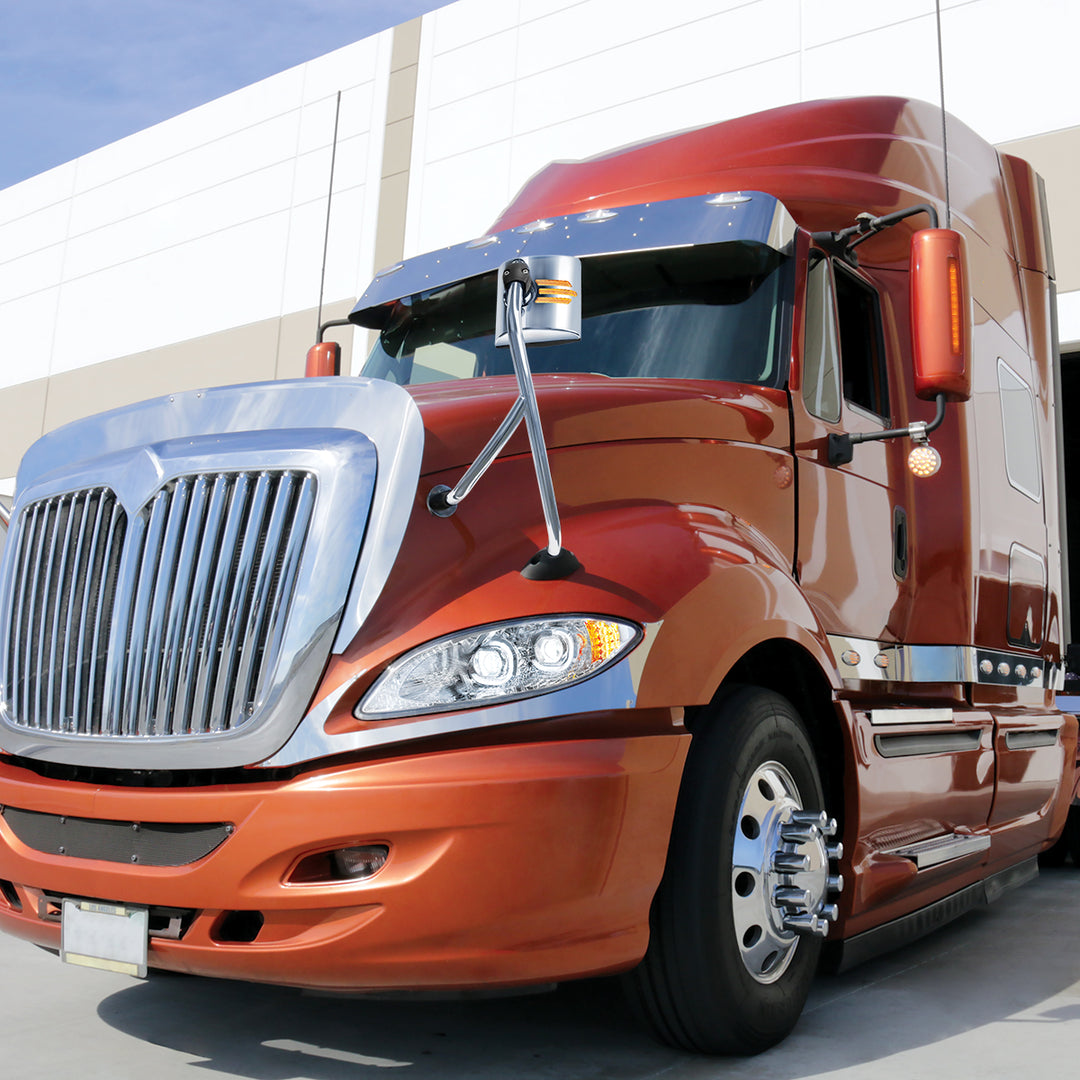 Stainless Steel Hood Mirror Assembly With Sequential LED Turn Signal For 2008-2017 International Prostar - Driver