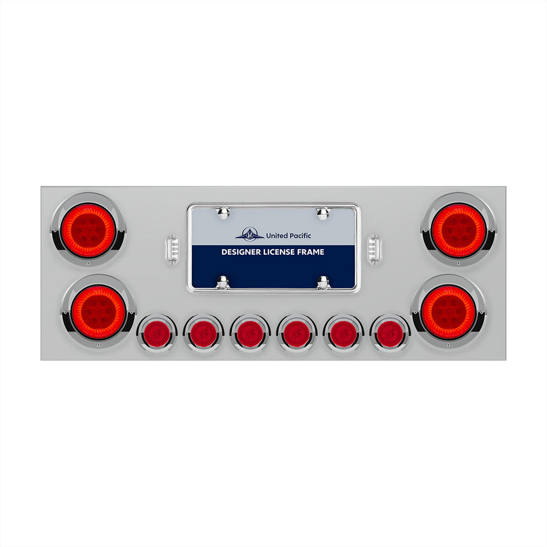 Stainless Steel Rear Center Panel With Four 16 LED 4" Turbine Light &amp; Six 7 LED 2" Lights &amp; Visor - Red LED/Red Lens