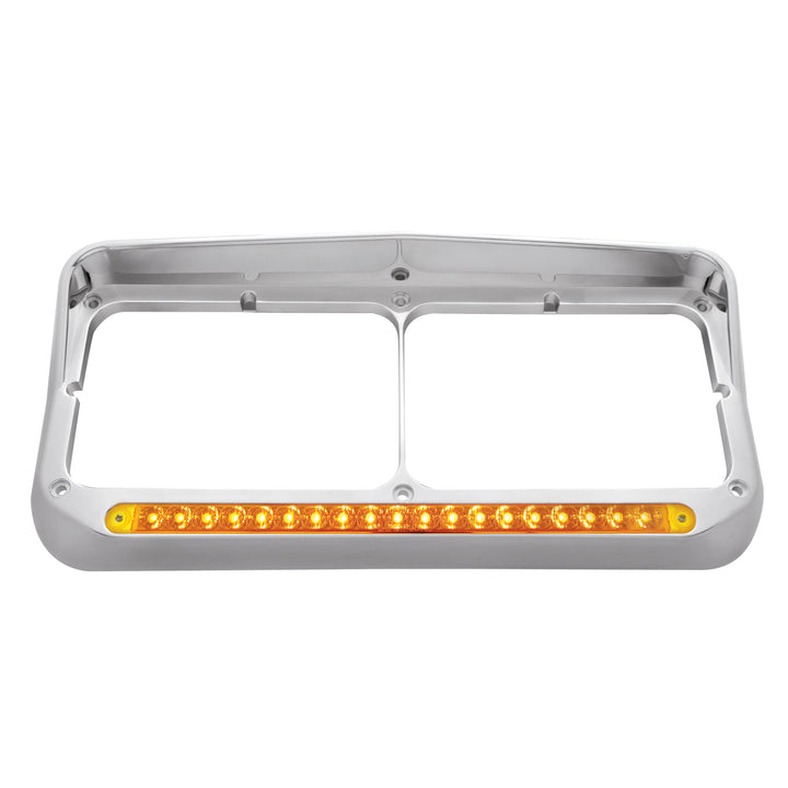 Chrome Rectangular Dual Headlight Bezel With Visor &amp; 19 LED Light Bar - Amber LED/Amber Lens