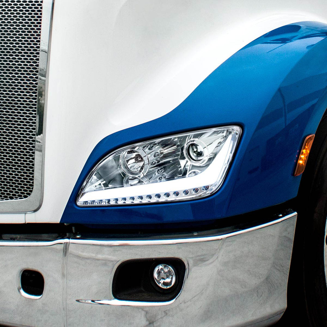 Chrome Projection Headlight With LED Position Light &amp; Sequential Signal For 2012-2021 Peterbilt 579 - Driver