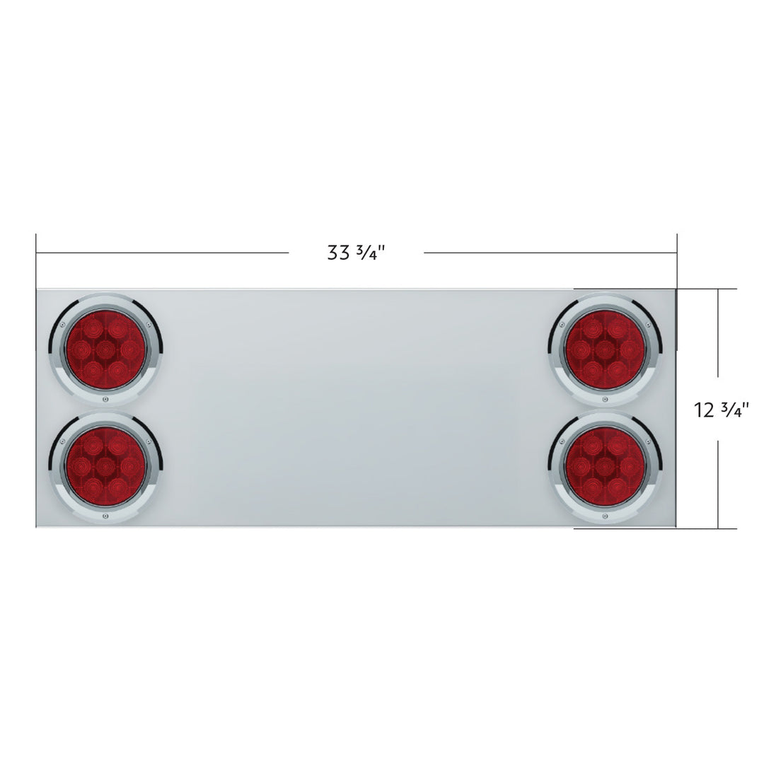 33-3/4" Stainless Rear Center Panel With Four 7 LED 4" Light &amp; Bezel (No LP Holes) - Red LED/Red Lens - CS