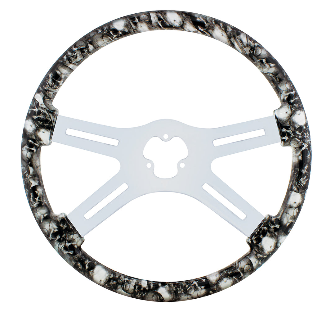 18" Skull Steering Wheel Only With Hydro - Dip Finish Wood - White/Gray