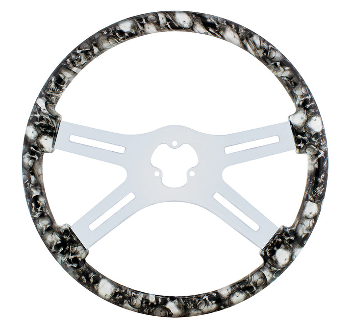18" Skull Steering Wheel Only With Hydro - Dip Finish Wood - White/Gray