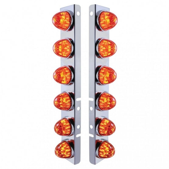 Stainless Steel Front Air Cleaner Bracket With 12X LED Watermelon Lights &amp; Stainless Steel Bezels For Peterbilt - Amber LED/Dark Amber Lens