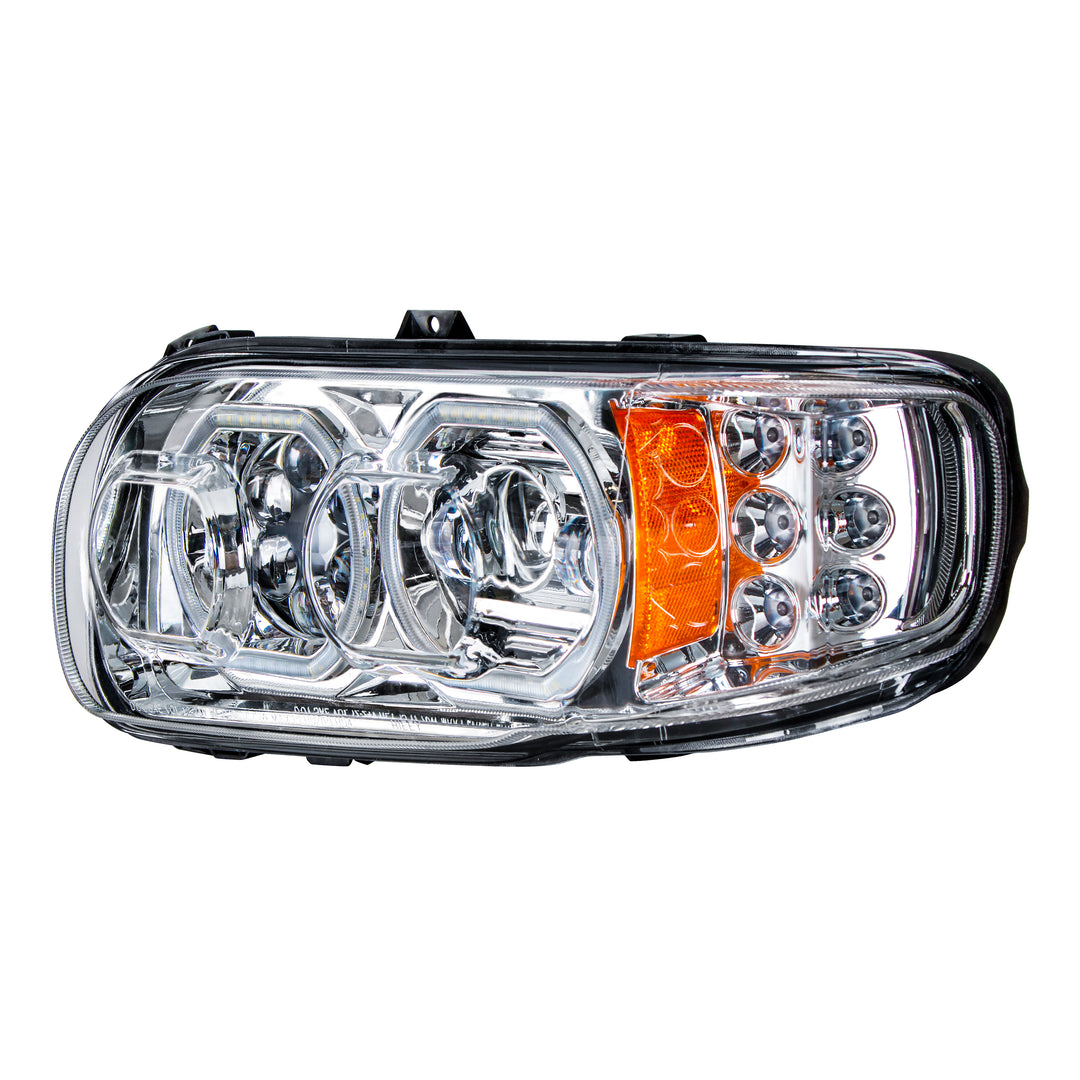High Power 10 LED Chrome Headlight With 6 LED Turn &amp; 100 LED Halo For 2008-2024 Peterbilt 389 - Driver