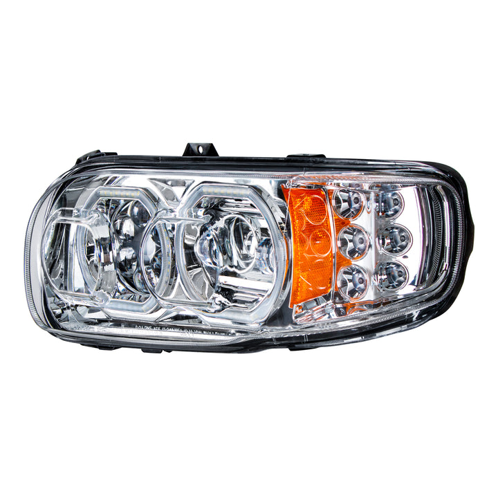 High Power 10 LED Chrome Headlight With 6 LED Turn &amp; 100 LED Halo For 2008-2024 Peterbilt 389 - Driver
