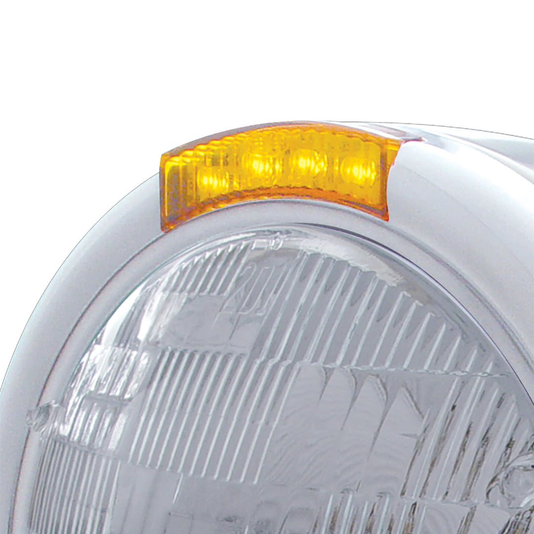Stainless Steel Classic Half Moon Headlight H6024 Bulb &amp; LED Turn Signal - Amber Lens