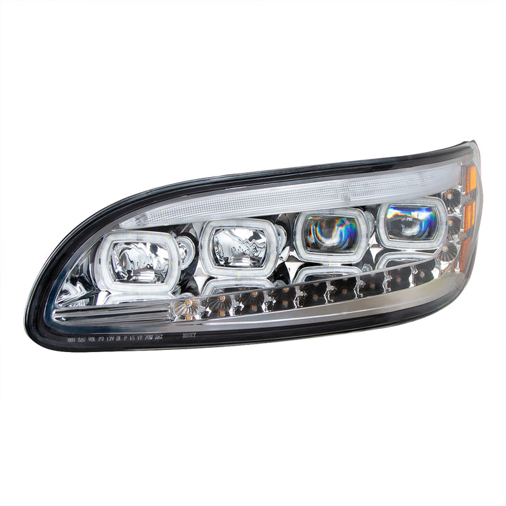 Chrome Quad - LED Headlight With LED DRL &amp; Seq. Signal For 2005-2015 Peterbilt 386 - Driver