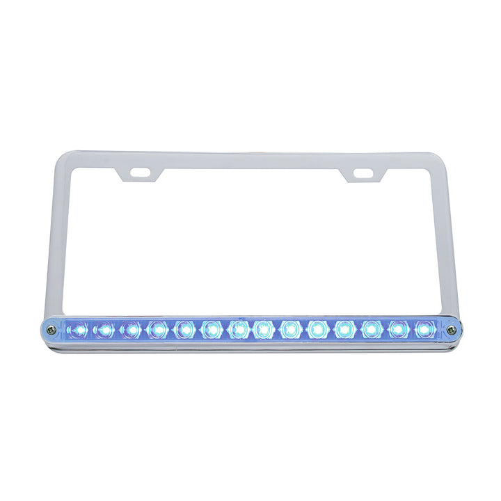 Chrome License Plate Frame With 14 LED 12" Light Bar - Amber LED/Clear Lens
