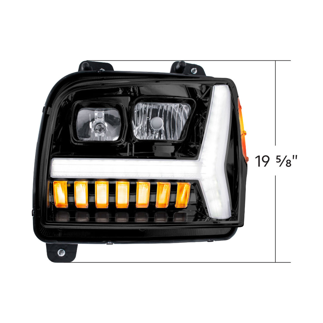 Blackout Headlight With LED DRL Light Bar &amp; Turn Signal For 2018-2024 Kenworth W990 - Driver
