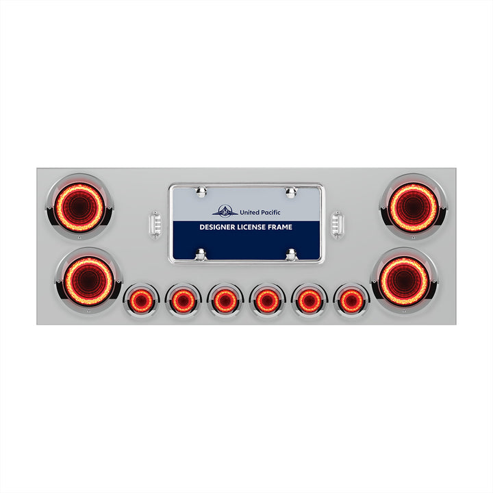 Stainless Steel Rear Center Panel With Four 23 LED 4" Lights &amp; Six 9 LED 2" Mirage Lights &amp; Visors - Red LED/Red Lens