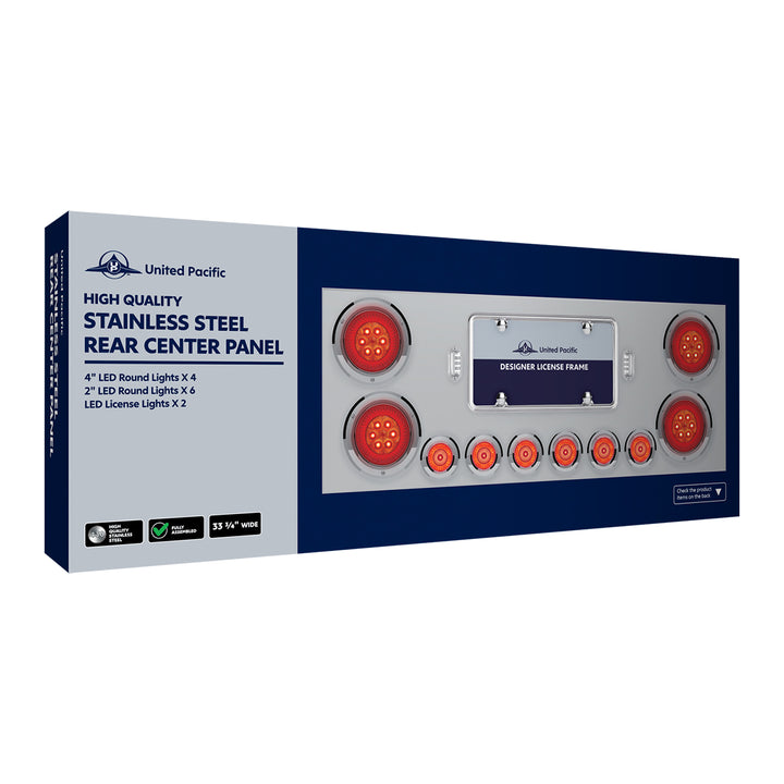 Stainless Steel Rear Center Panel With Four 16 LED 4" Turbine Light &amp; Six 7 LED 2" Lights &amp; Bezels - Red LED/Red Lens