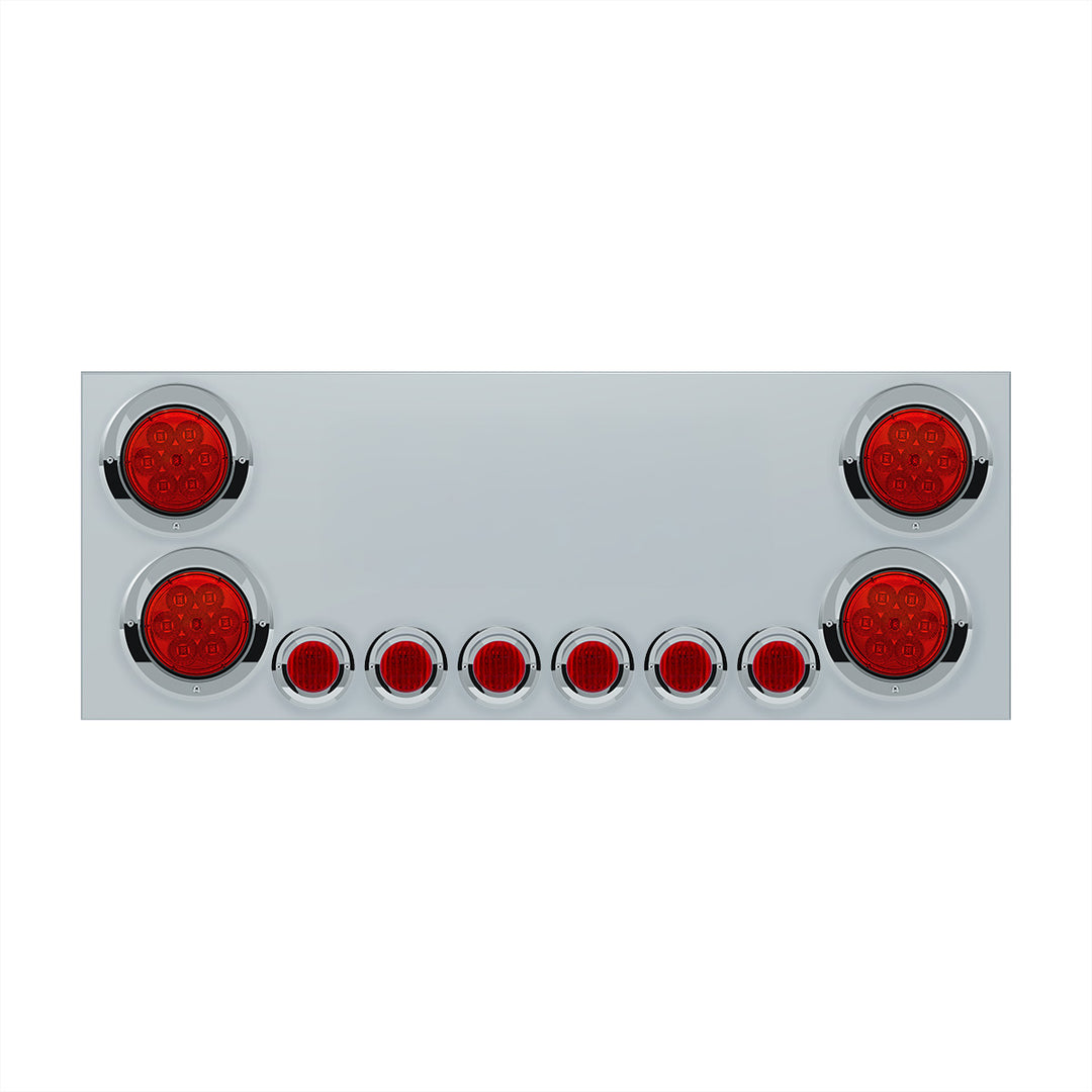 Stainless Steel Rear CP With 4 x 7 LED 4" Reflector Lights &amp; 6 x 9 LED 2" Lights &amp; Visors (No LP Holes) - Red LED &amp; Lens