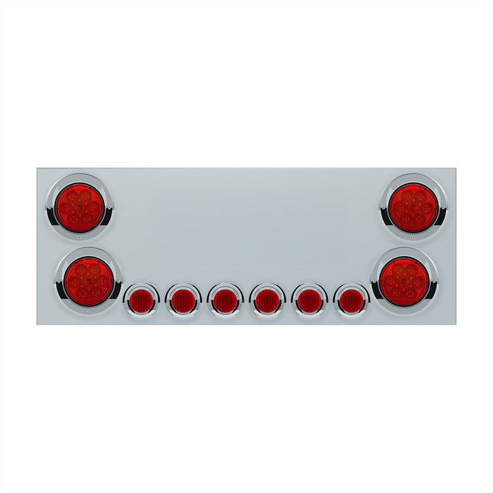 Stainless Steel Rear CP With 4 x 7 LED 4" Reflector Lights &amp; 6 x 9 LED 2" Lights &amp; Visors (No LP Holes) - Red LED &amp; Lens