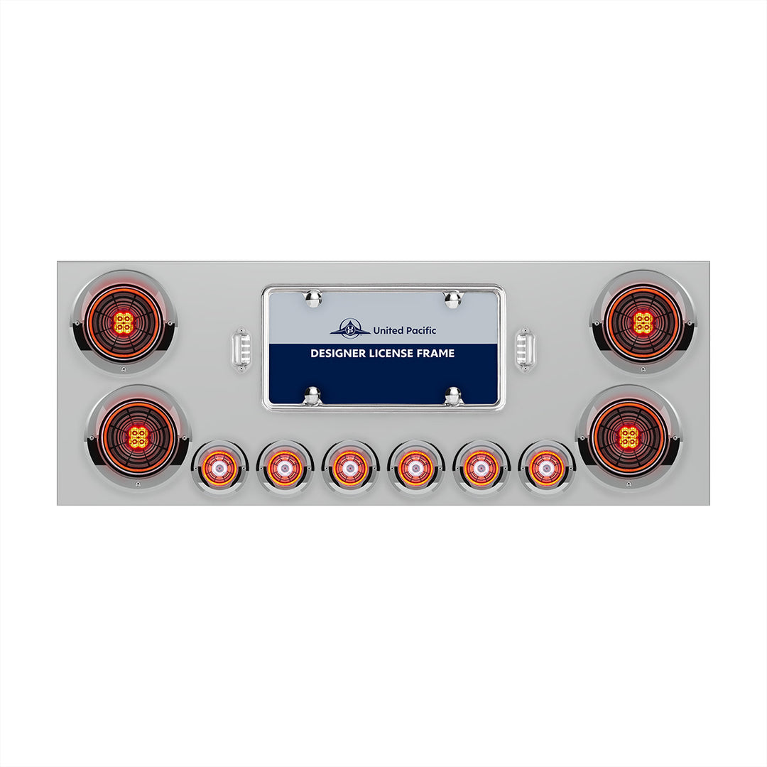 Stainless Steel Rear Center Panel With Four 13 LED 4" Abyss Light &amp; Six 4 LED 2" Lights &amp; Visors - Red LED/Clear Lens