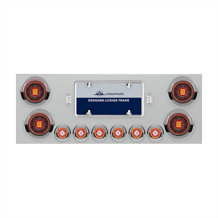 Stainless Steel Rear Center Panel With Four 13 LED 4" Abyss Light &amp; Six 4 LED 2" Lights &amp; Visors - Red LED/Clear Lens