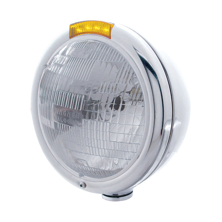 Stainless Steel Classic Headlight H6024 Bulb &amp; LED Turn Signal - Amber Lens