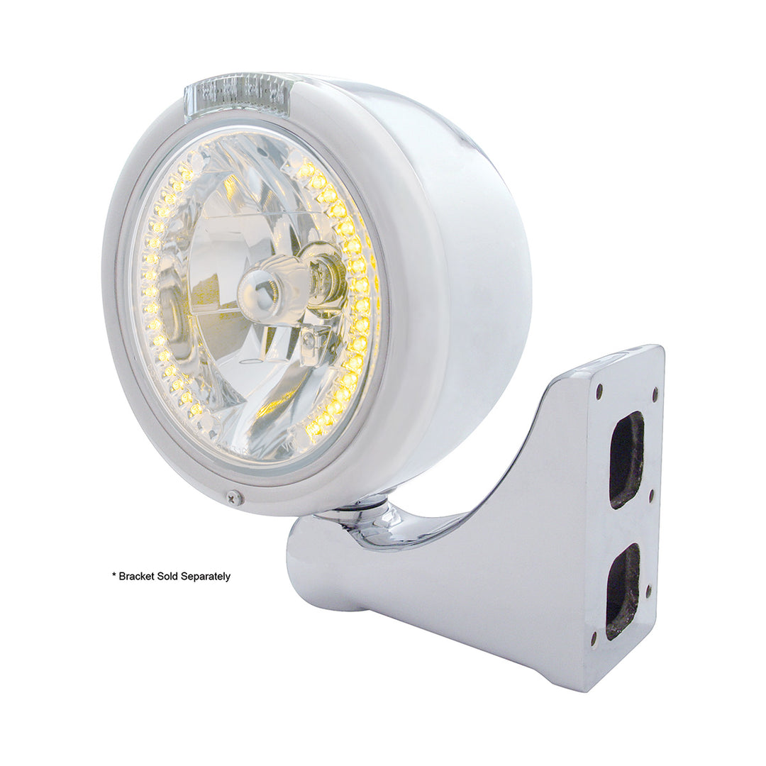 Stainless Steel Classic Half Moon Headlight H4 With Amber LED &amp; Dual Mode LED Signal - Clear Lens