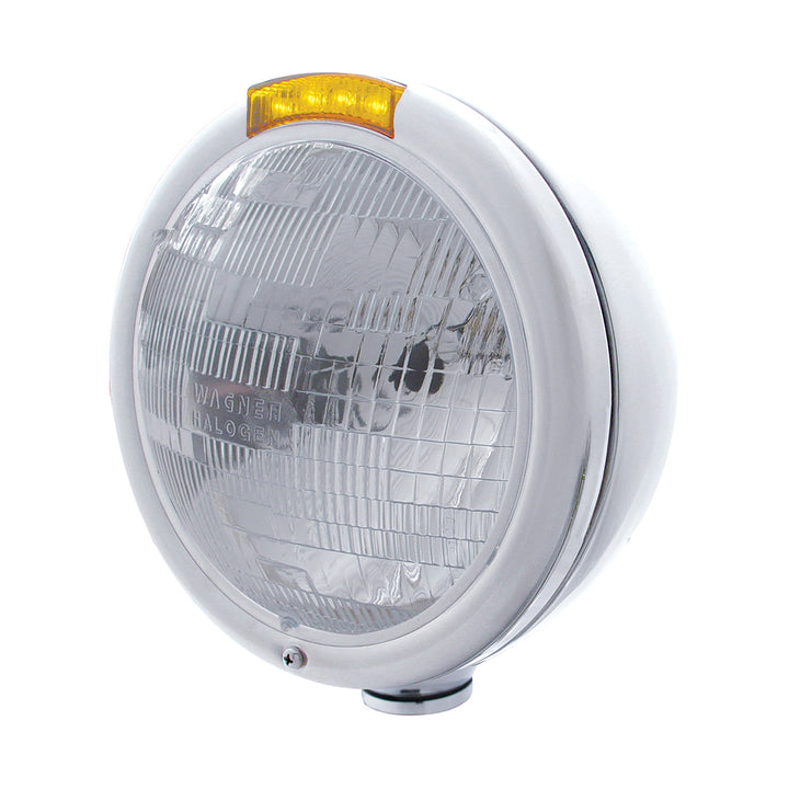Chrome Classic Headlight H6024 Bulb &amp; LED Turn Signal - Amber Lens