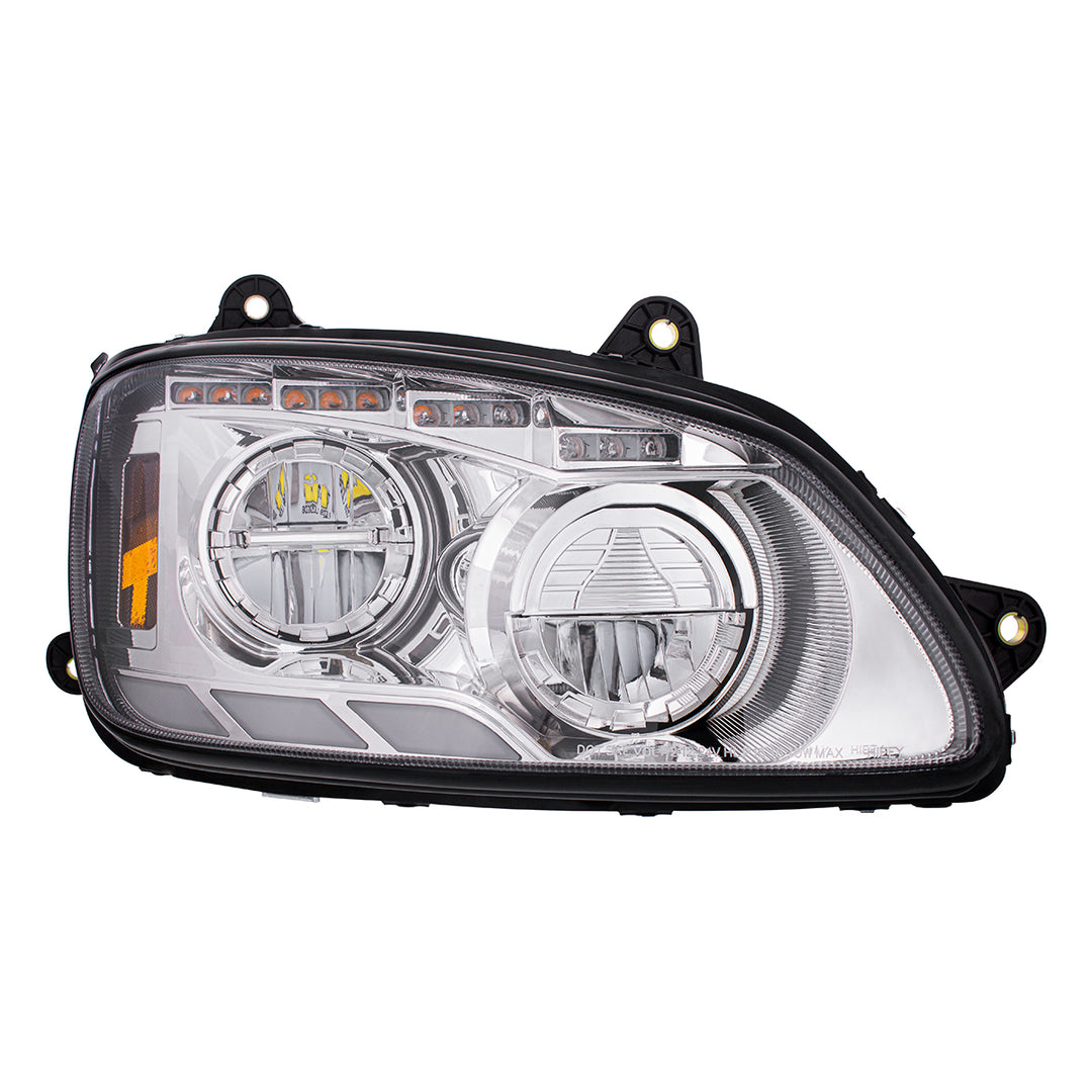 Chrome LED Headlight With Sequential Turn Signal &amp; Position Light Bars For 2008-17 Kenworth T660 - Passenger