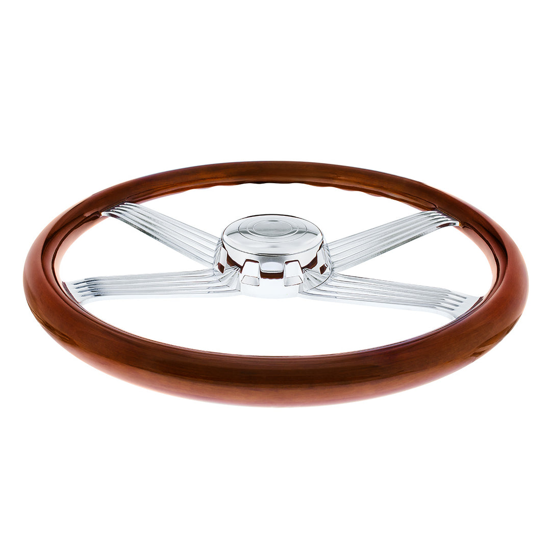 18" Chrome 4 Spoke With Wire Cutout Steering Wheel With Horn Bezel &amp; Button - Wood Grain