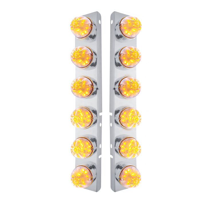 Stainless Steel Front Air Cleaner Bracket W/12 x 17 LED Watermelon Lights &amp; Stainless Steel Bezels For Peterbilt - Amber LED/Clear Lens (Pair)
