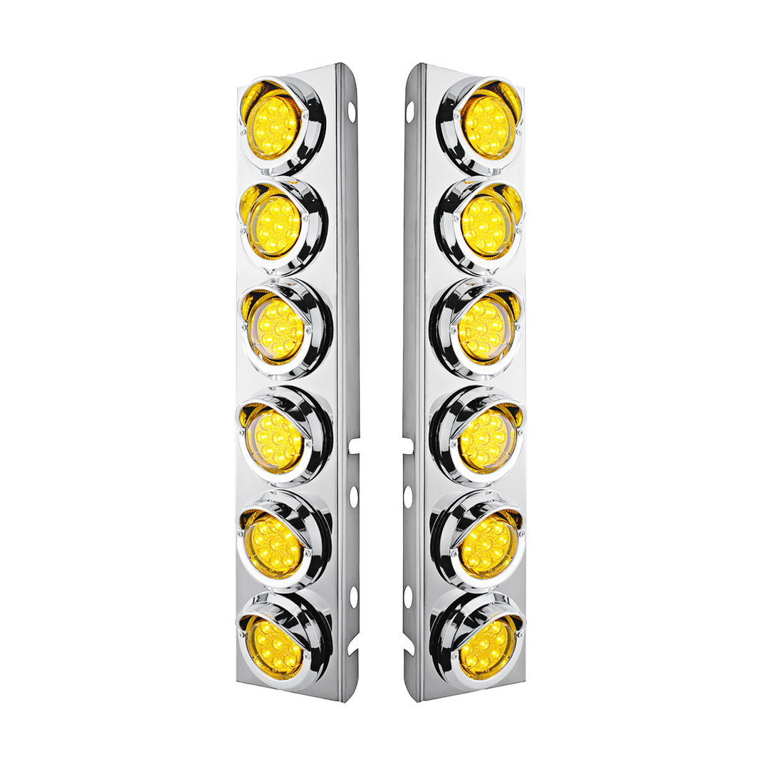 Stainless Steel Front Air Cleaner Bracket With 12 x 9 LED 2" Reflector Lights &amp; Visors For Peterbilt - Amber LED &amp; Lens